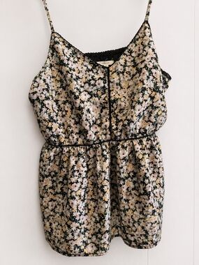Maurices Black Floral Spaghetti-Strap Romper with Cream & Pink Blossoms